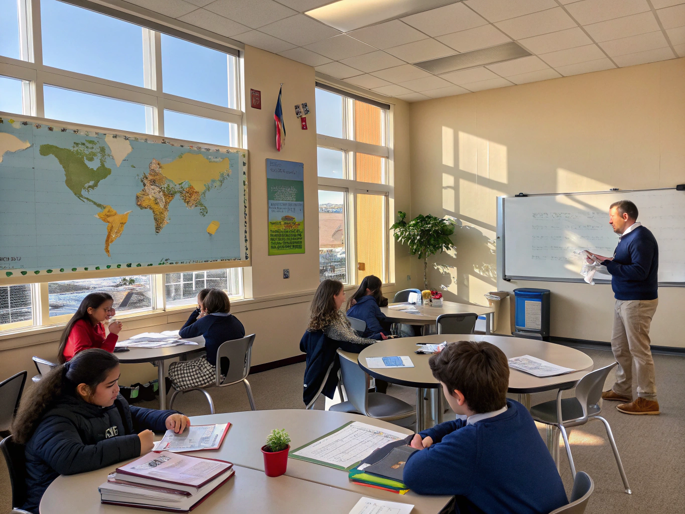 Warm classroom with students learning languages